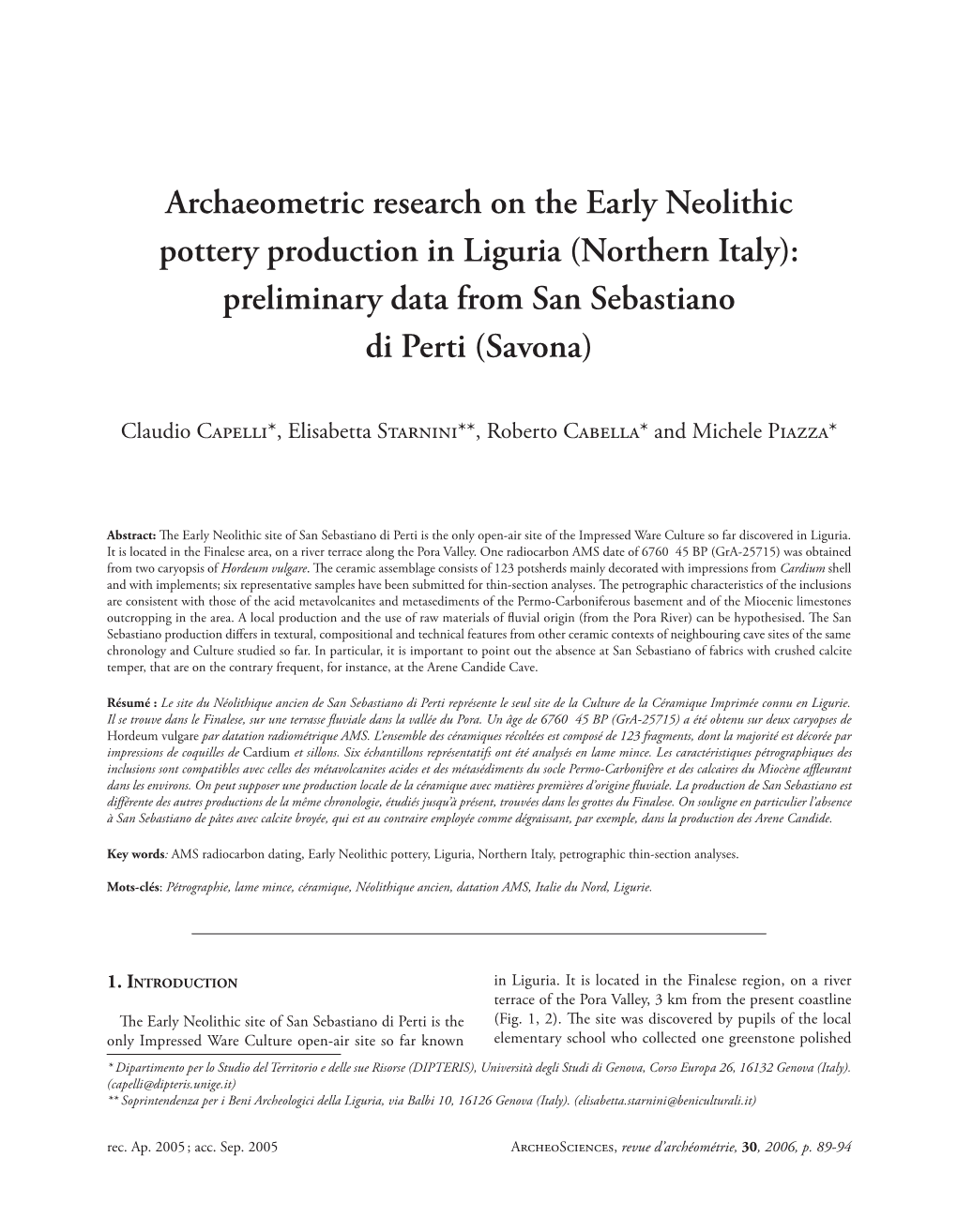 Archaeometric Research on the Early Neolithic Pottery Production in Liguria (Northern Italy): Preliminary Data from San Sebastiano Di Perti (Savona)