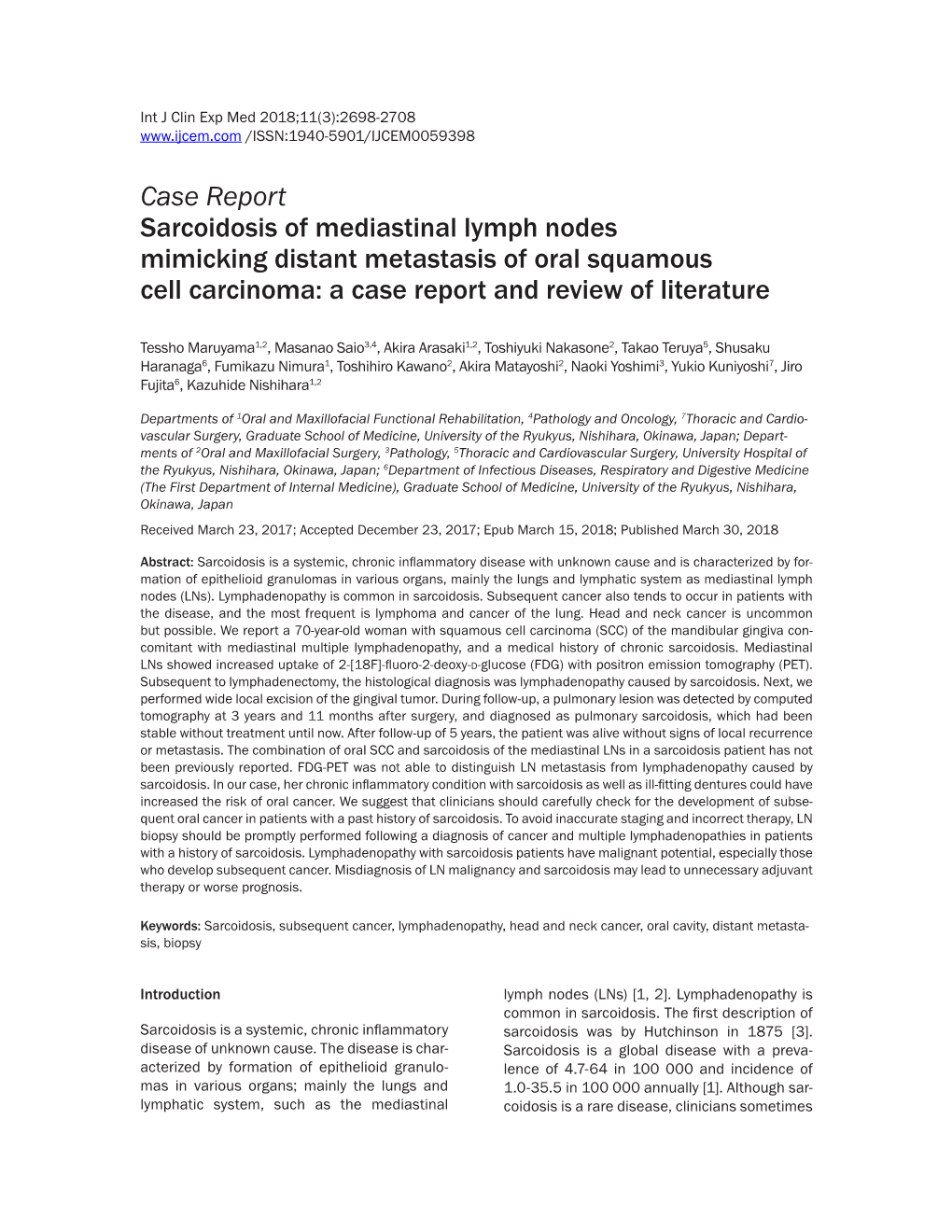 Case Report Sarcoidosis of Mediastinal Lymph Nodes Mimicking Distant Metastasis of Oral Squamous Cell Carcinoma: a Case Report and Review of Literature