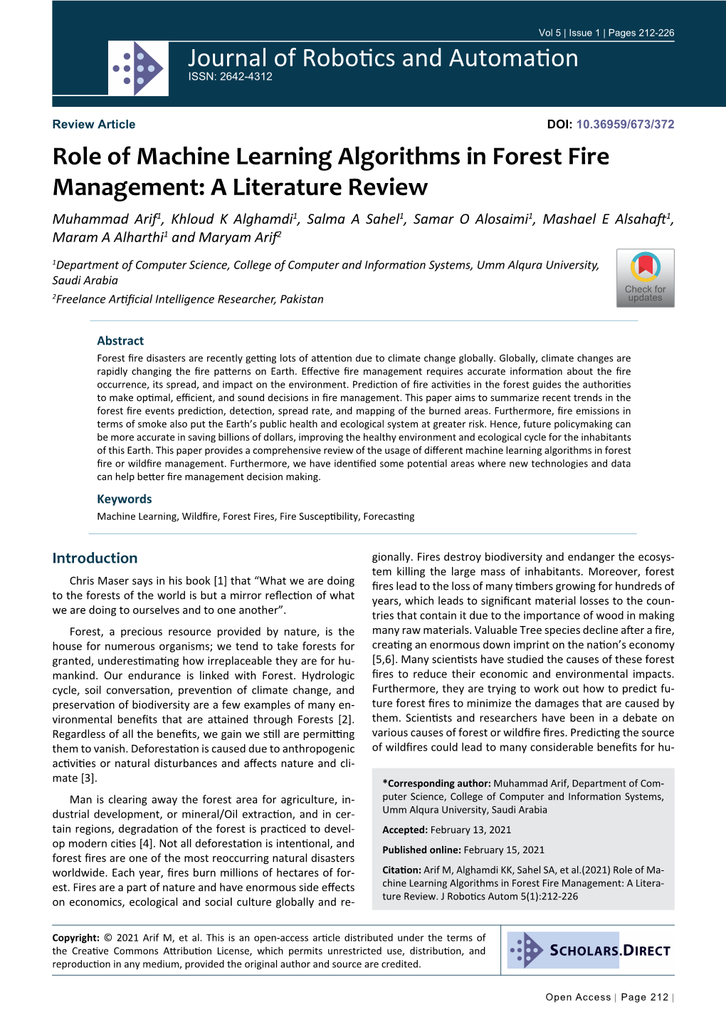 Role of Machine Learning Algorithms in Forest Fire