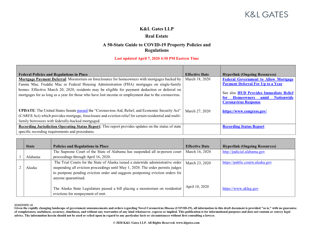 A 50-State Guide to COVID-19 Property Policies and Regulations Last Updated April 7, 2020 4:50 PM Eastern Time