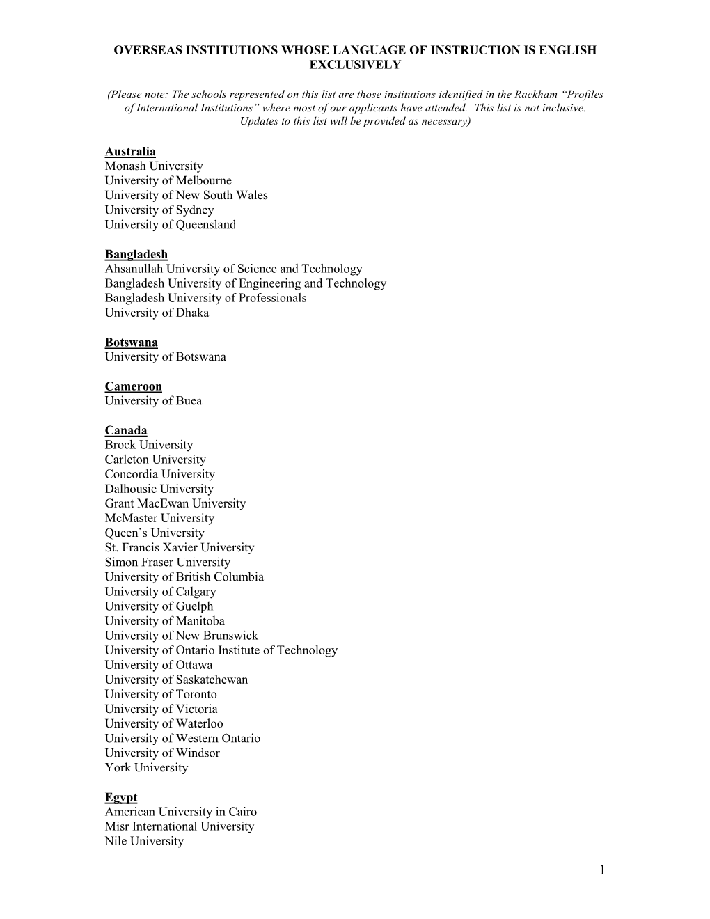 Overseas Institutions Whose Language of Instruction Is English Exclusively