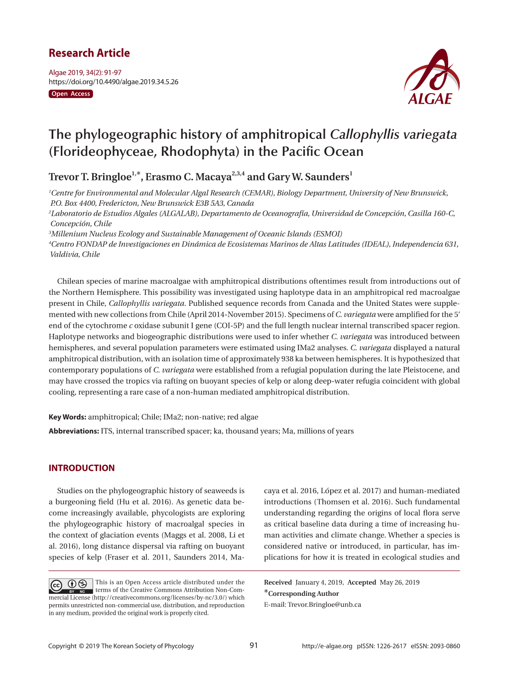 The Phylogeographic History of Amphitropical Callophyllis Variegata (Florideophyceae, Rhodophyta) in the Pacific Ocean