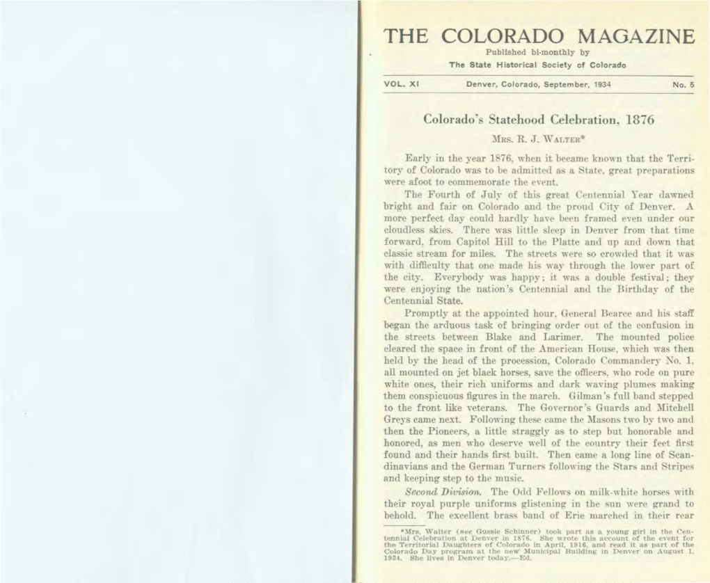 THE COLORADO MAGAZINE Published Bi-Monthly by the State Historical Society of Colorado