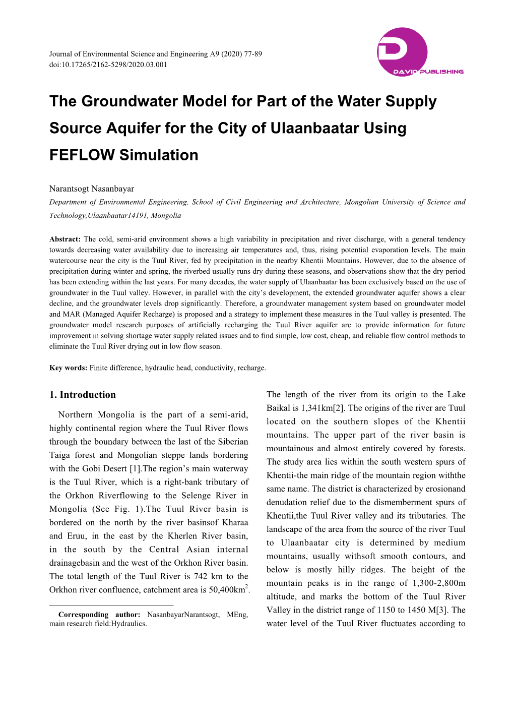 The Groundwater Model for Part of the Water Supply Source Aquifer for the City of Ulaanbaatar Using FEFLOW Simulation