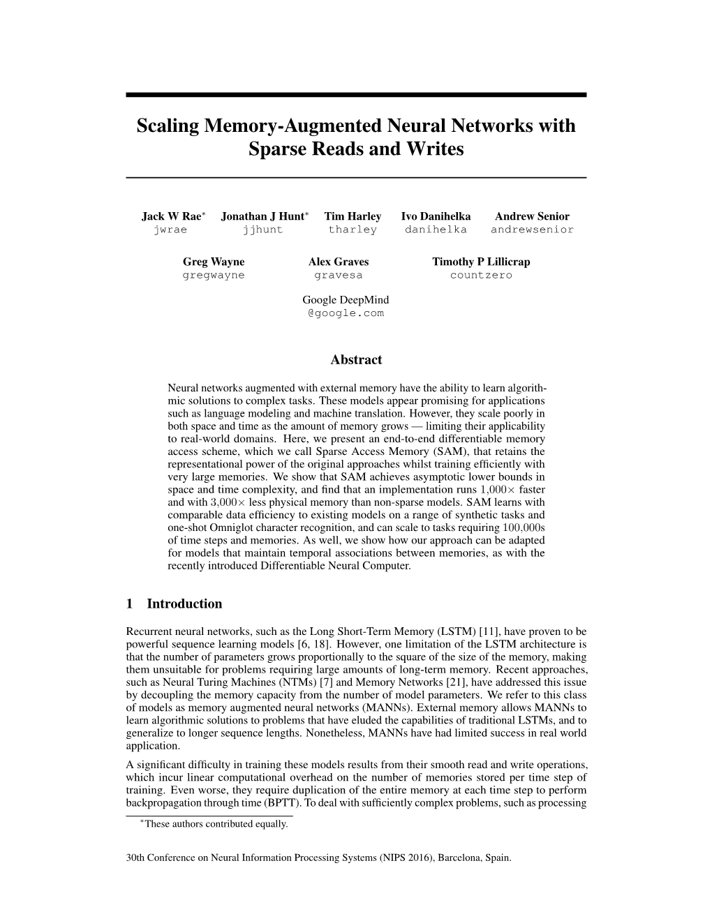 Scaling Memory-Augmented Neural Networks with Sparse Reads and Writes