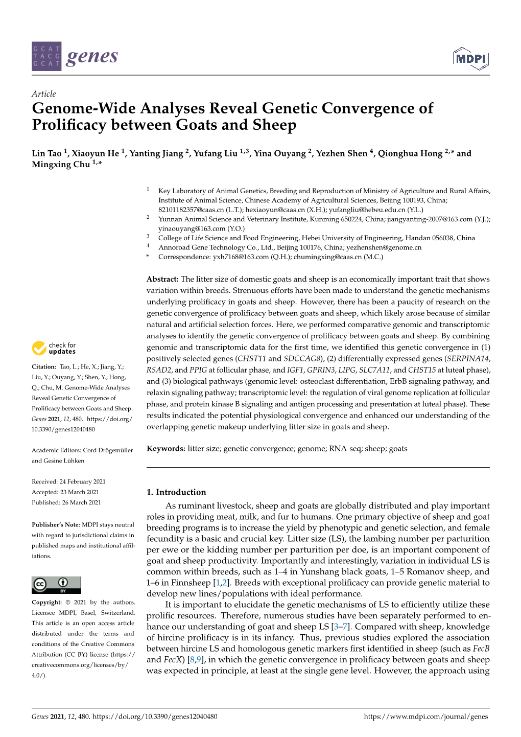 Genome-Wide Analyses Reveal Genetic Convergence of Prolificacy Between Goats and Sheep