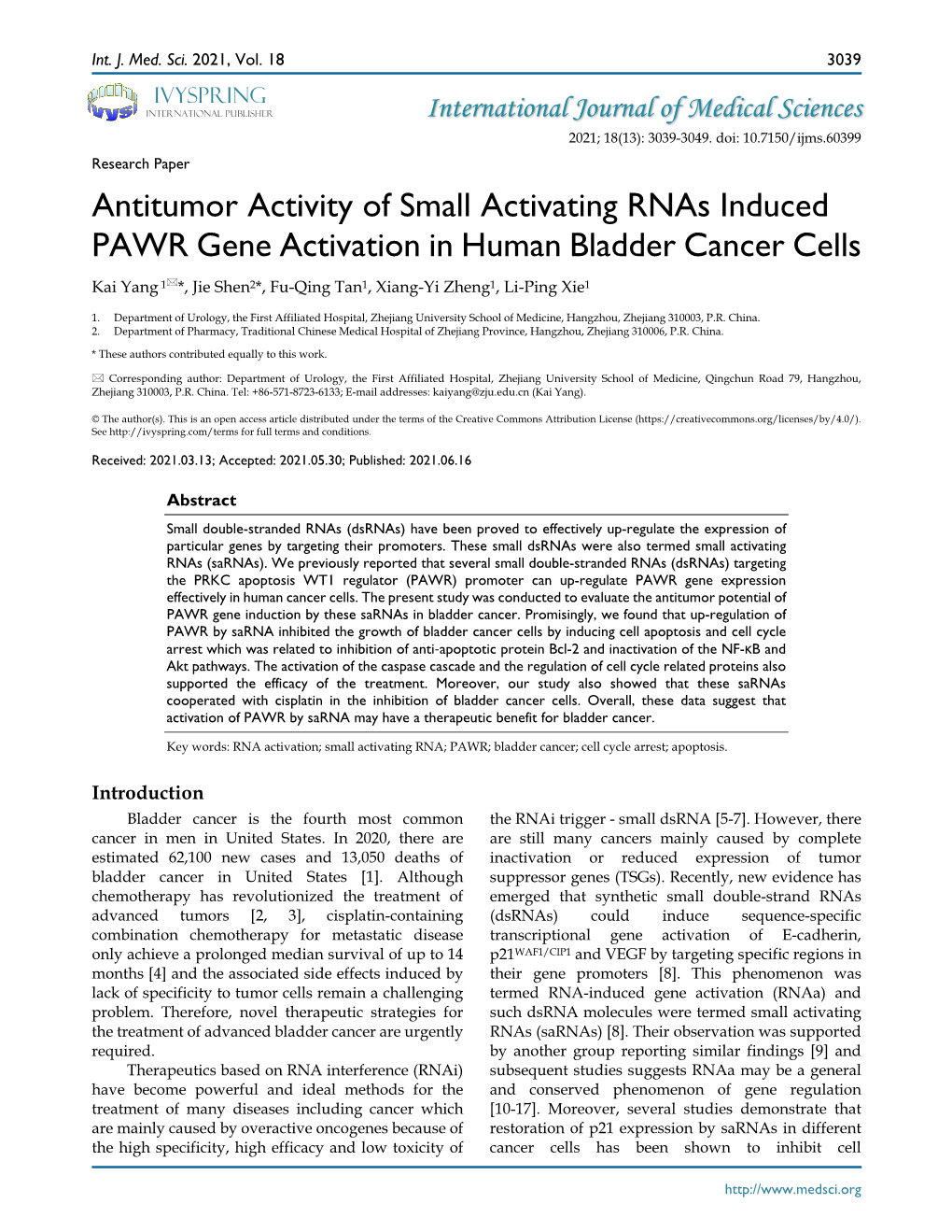 Antitumor Activity of Small Activating Rnas Induced PAWR Gene Activation in Human Bladder Cancer Cells