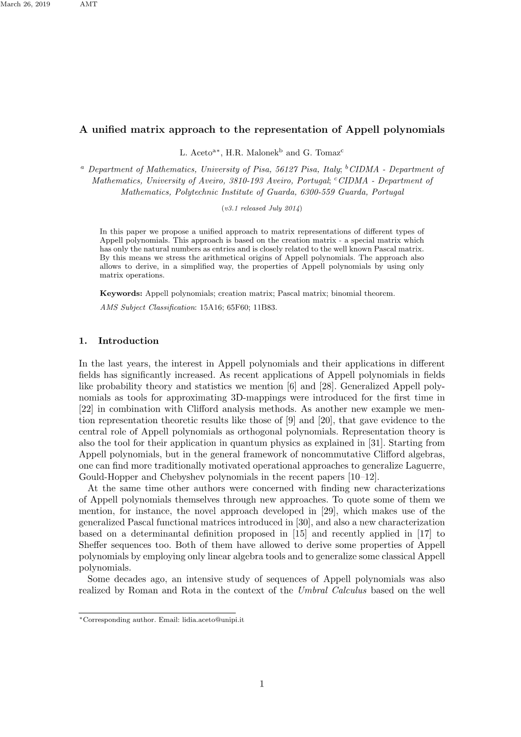 A Unified Matrix Approach to the Representation of Appell Polynomials