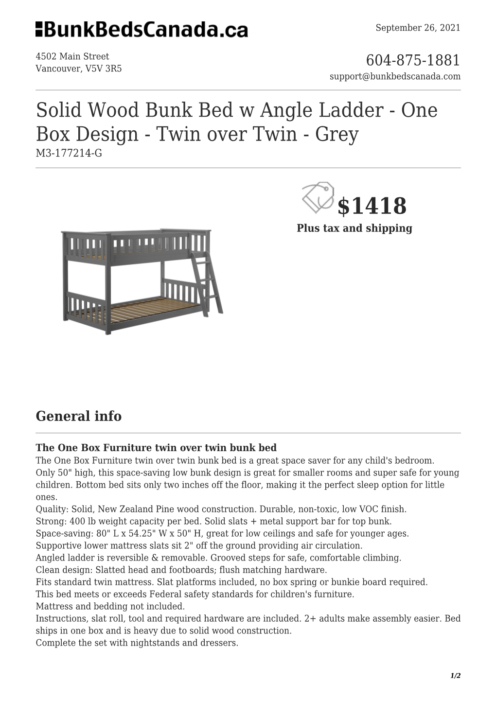 Solid Wood Bunk Bed W Angle Ladder - One Box Design - Twin Over Twin - Grey M3-177214-G