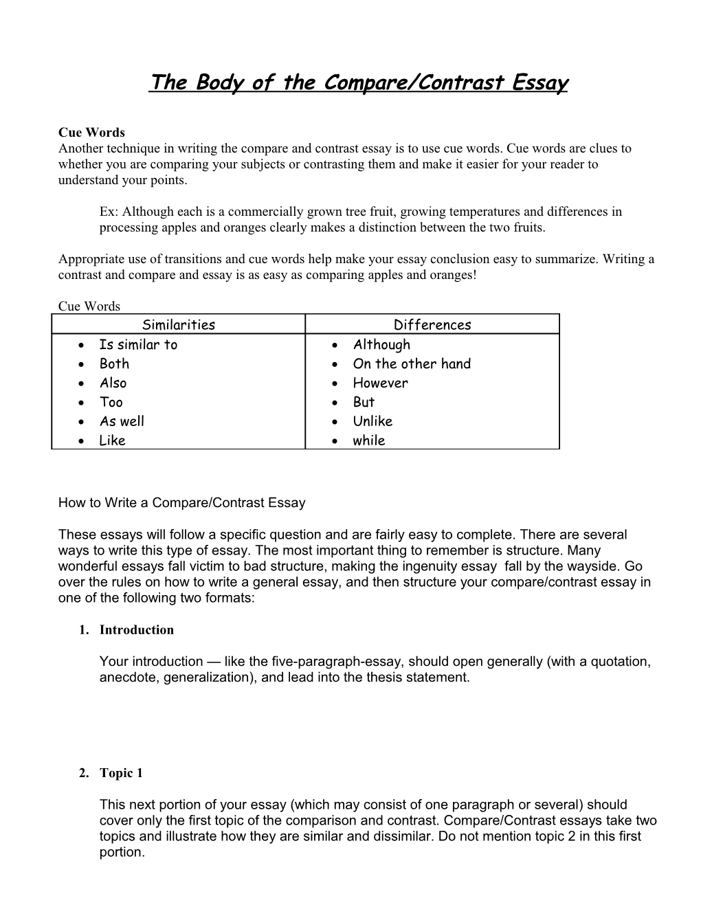 The Body of the Compare/Contrast Essay