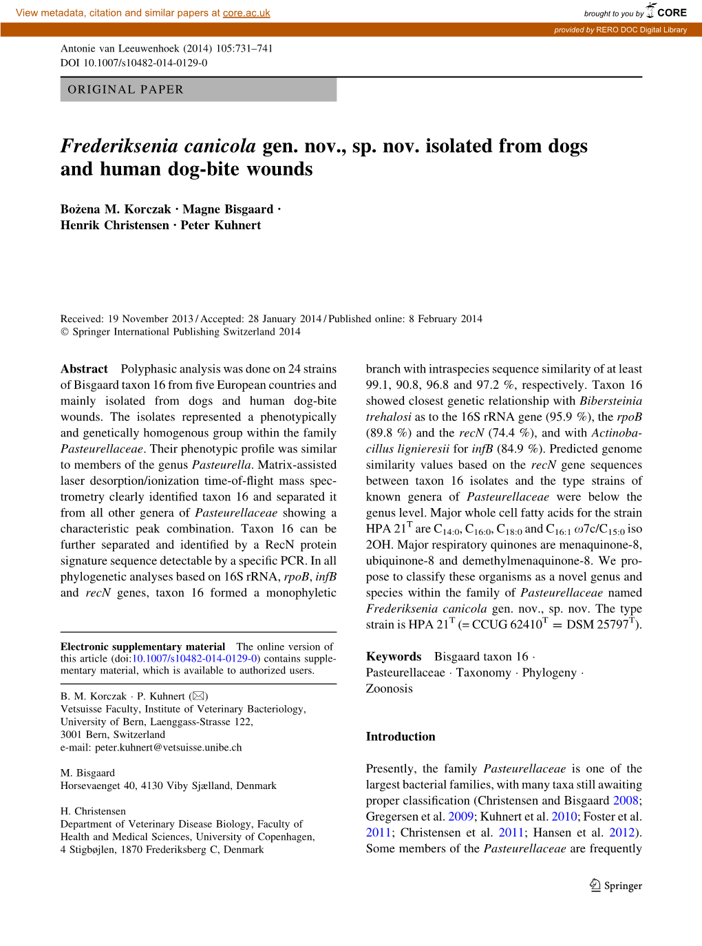 Frederiksenia Canicola Gen. Nov., Sp. Nov. Isolated from Dogs and Human Dog-Bite Wounds