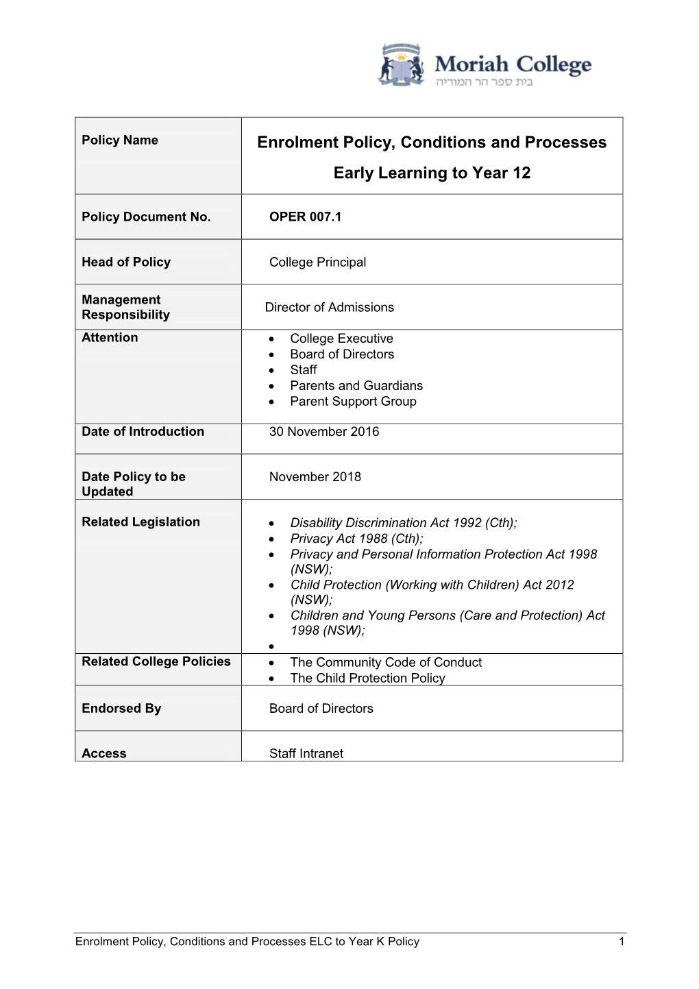 Enrolment Policy, Conditions and Processes Early Learning to Year 12