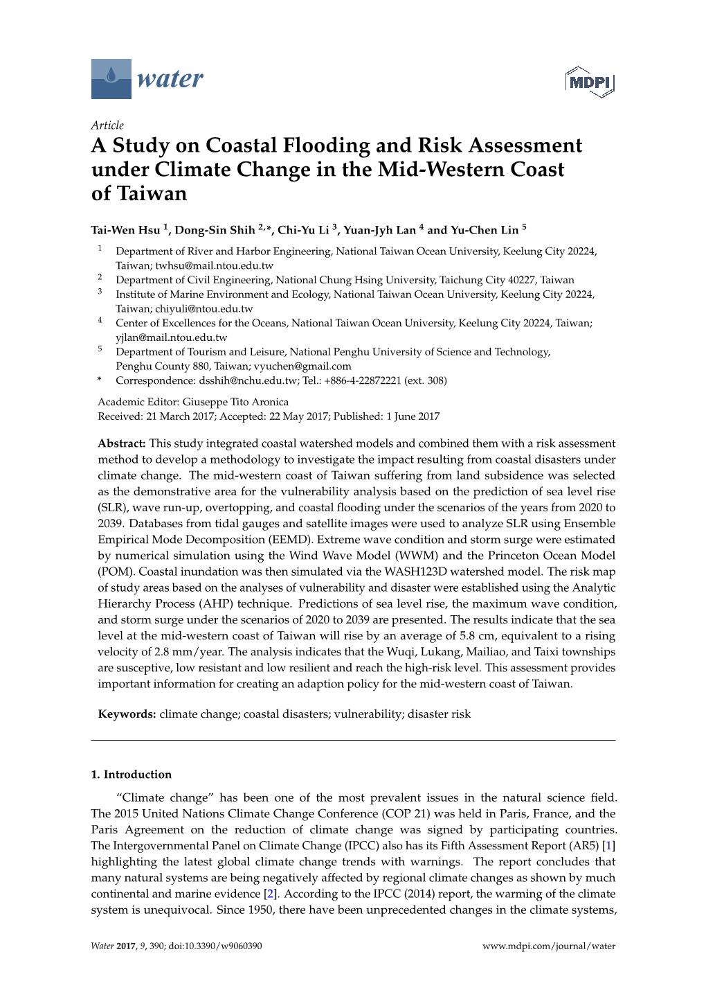 A Study on Coastal Flooding and Risk Assessment Under Climate Change in the Mid-Western Coast of Taiwan