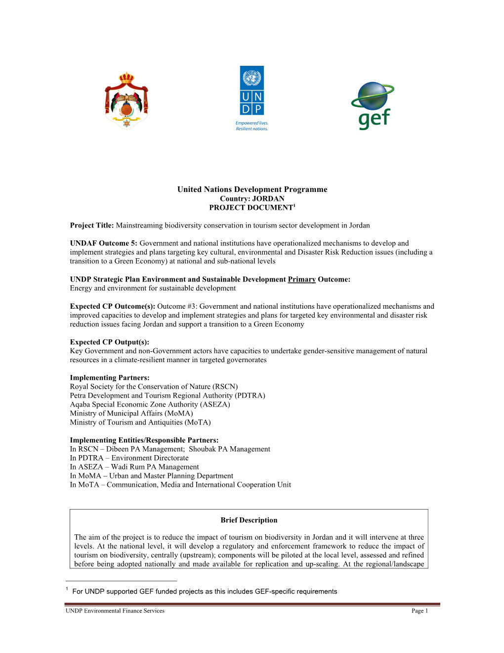 United Nations Development Programme Country: JORDAN PROJECT DOCUMENT1