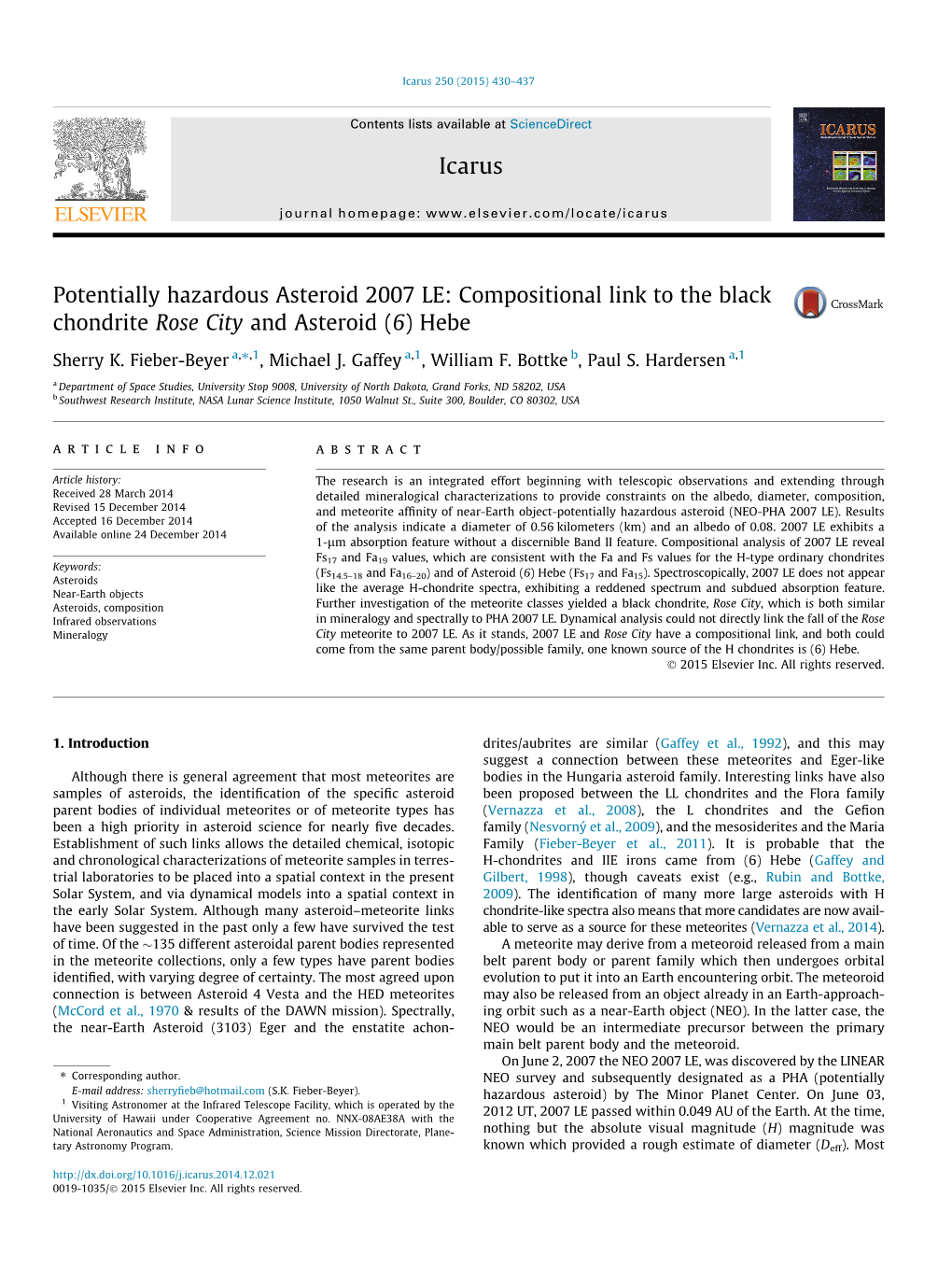 Compositional Link to the Black Chondrite Rose City and Asteroid (6) Hebe ⇑ Sherry K