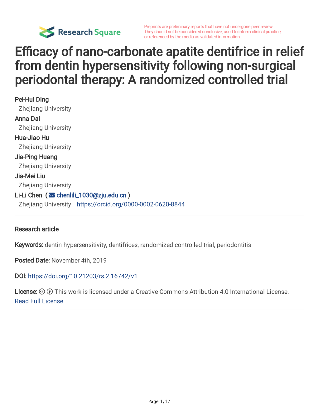 Efficacy of Nano-Carbonate Apatite Dentifrice in Relief from Dentin