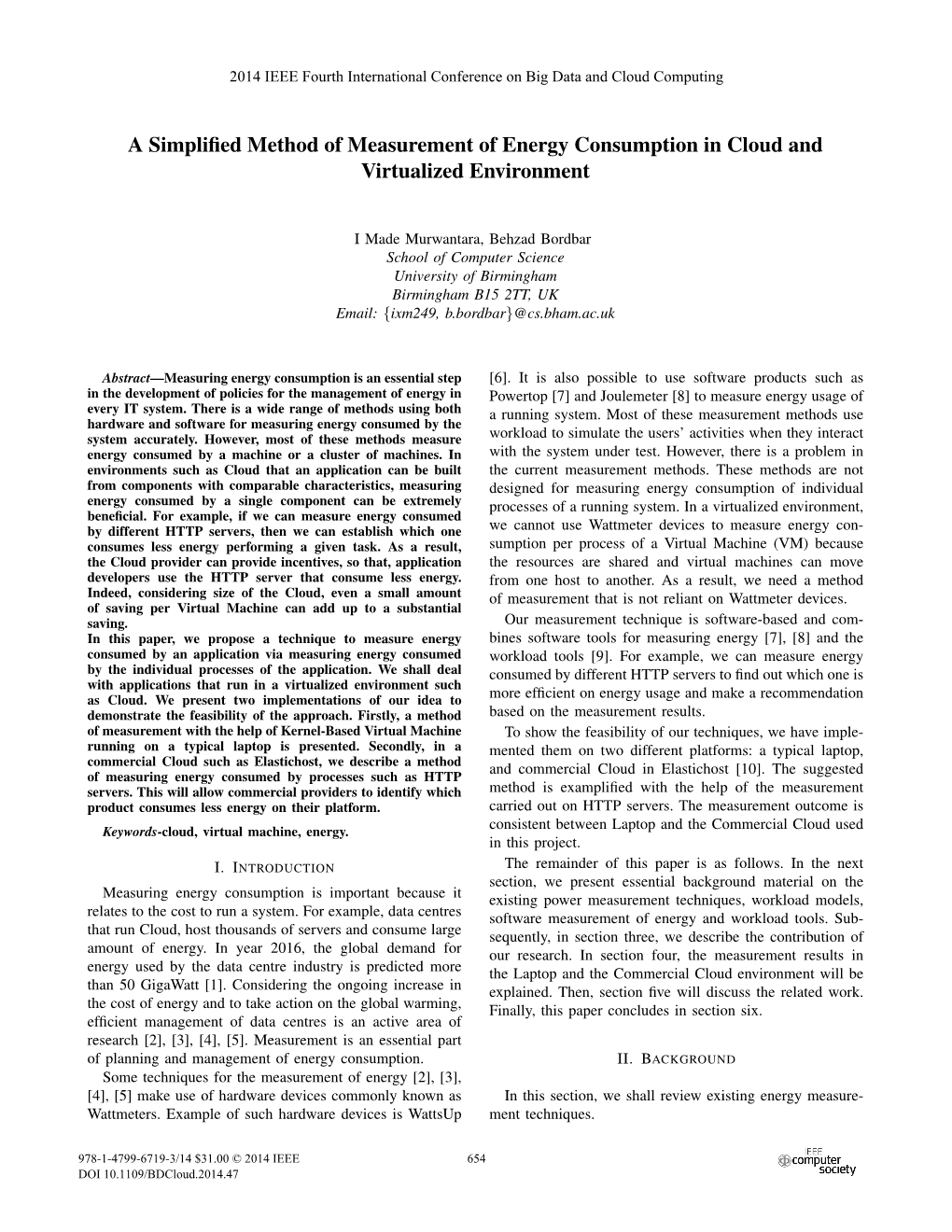 A Simplified Method of Measurement of Energy Consumption in Cloud