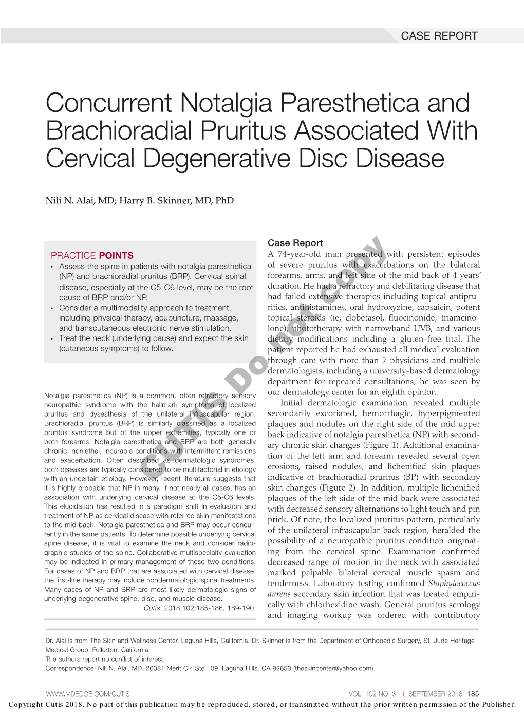 Concurrent Notalgia Paresthetica and Brachioradial Pruritus Associated with Cervical Degenerative Disc Disease
