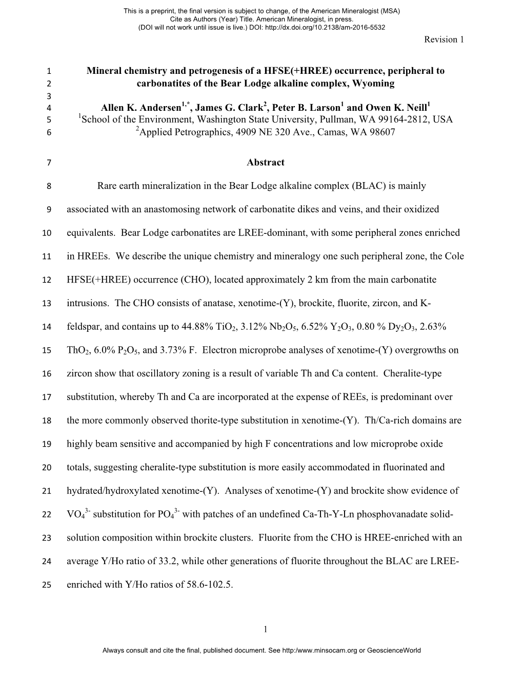 Mineral Chemistry and Petrogenesis of a HFSE(+HREE) Occurrence, Peripheral to 2 Carbonatites of the Bear Lodge Alkaline Complex, Wyoming 3 4 Allen K