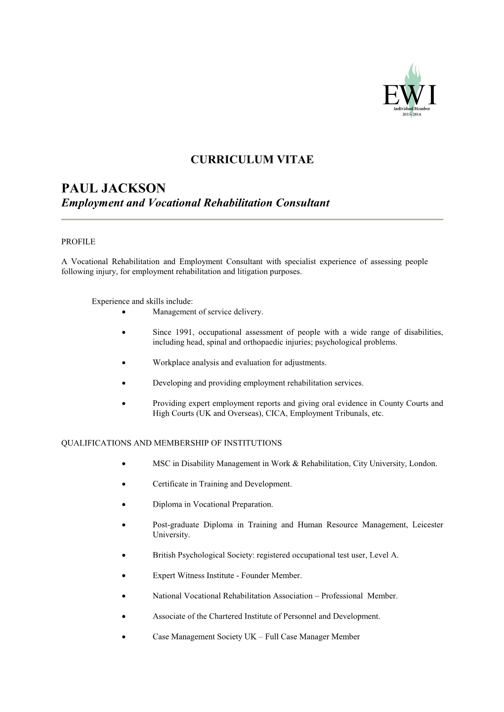 PAUL JACKSON Employment and Vocational Rehabilitation Consultant