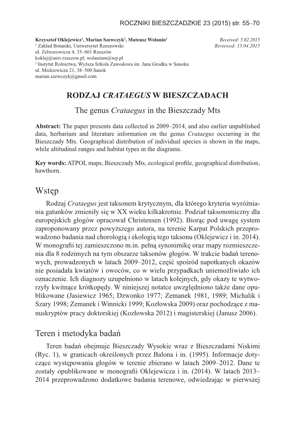 Rodzaj Crataegus W Bieszczadach the Genus Crataegus in the Bieszczady Mts