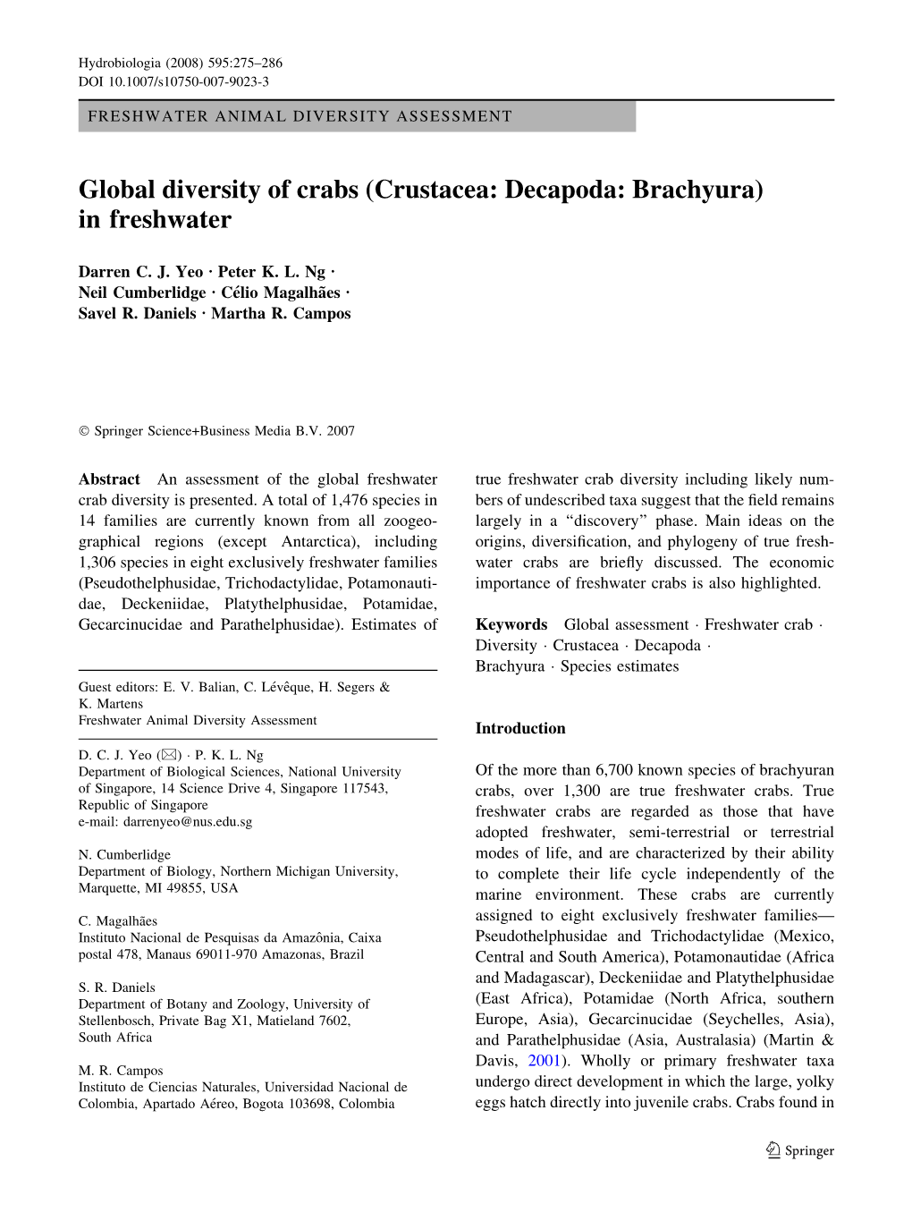 Global Diversity of Crabs (Crustacea: Decapoda: Brachyura) in Freshwater