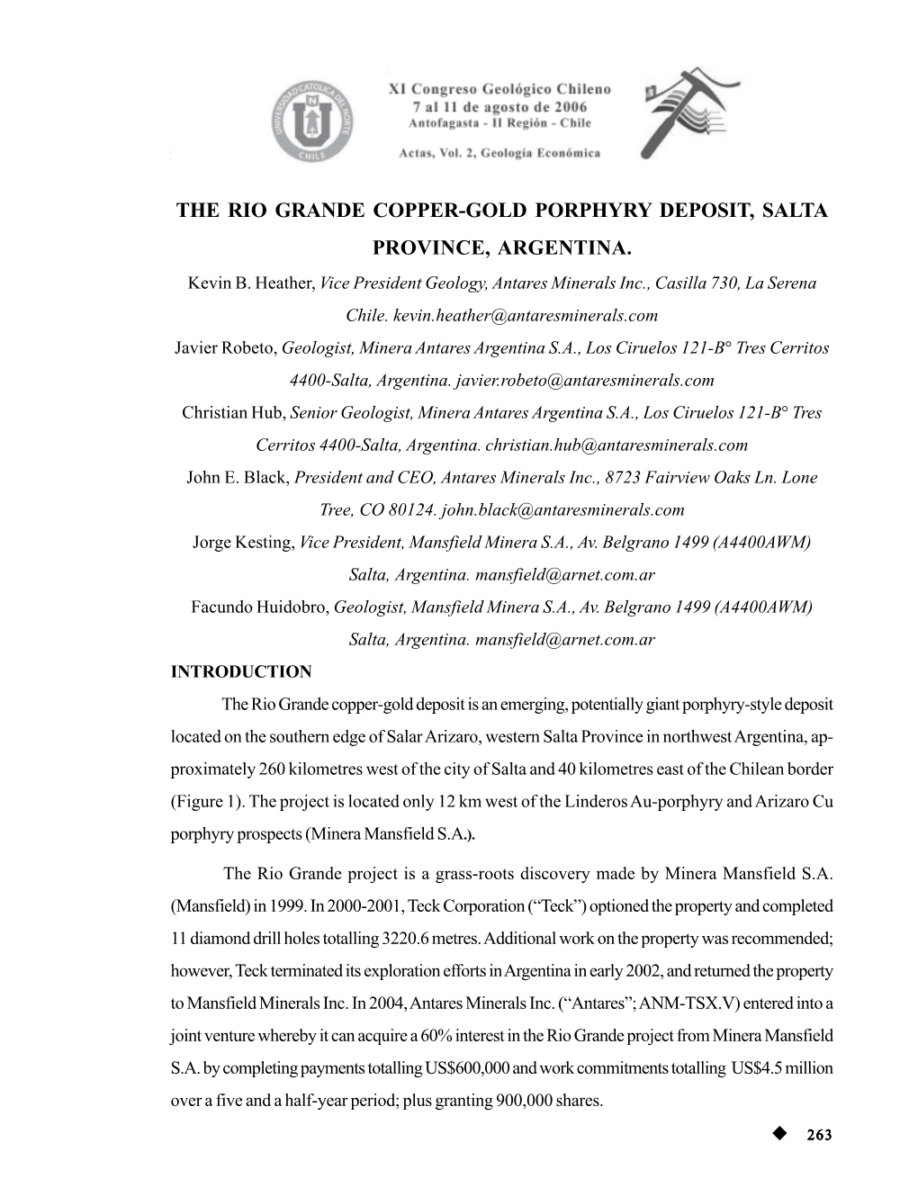 THE RIO GRANDE COPPER-GOLD PORPHYRY DEPOSIT, SALTA PROVINCE, ARGENTINA. Kevin B
