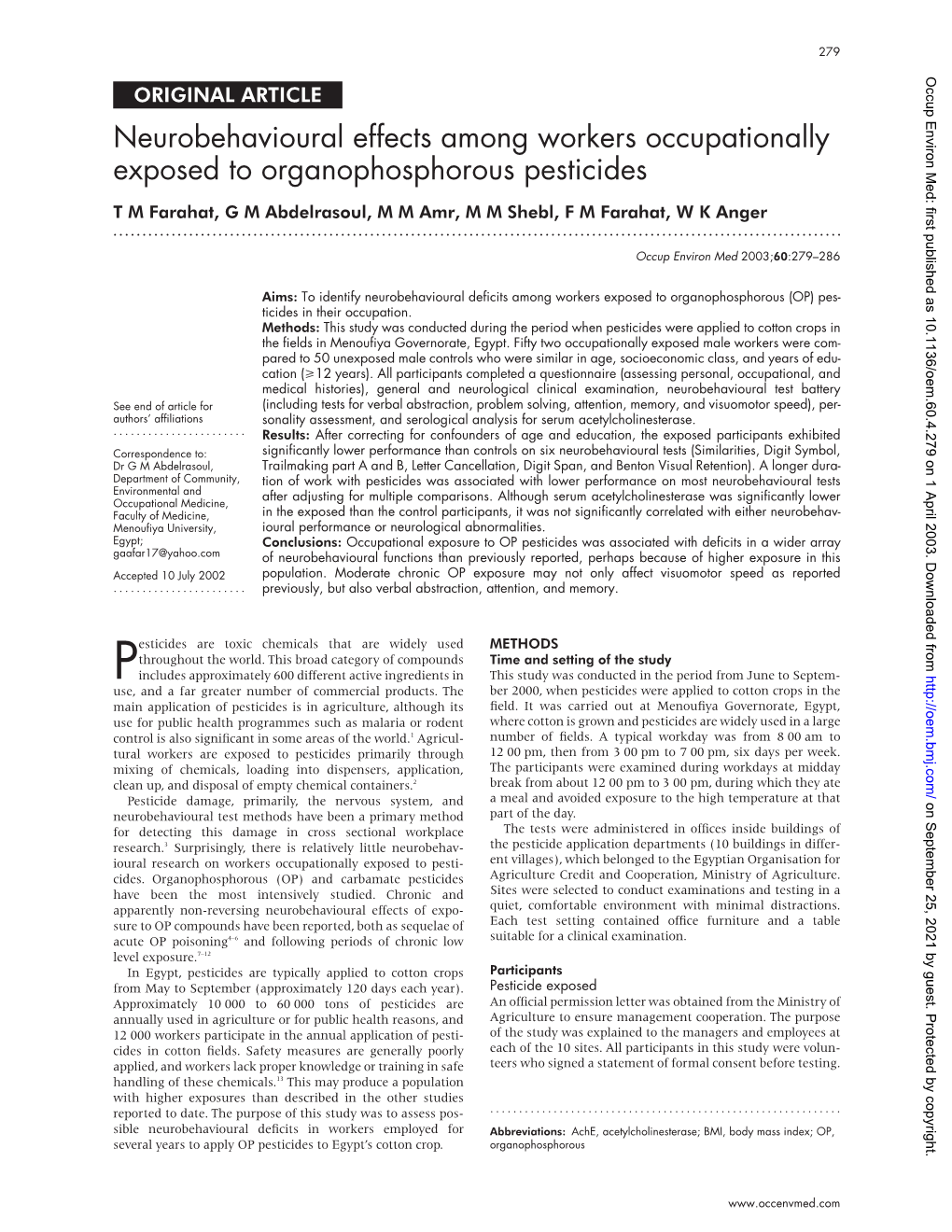 Neurobehavioural Effects Among Workers Occupationally Exposed To