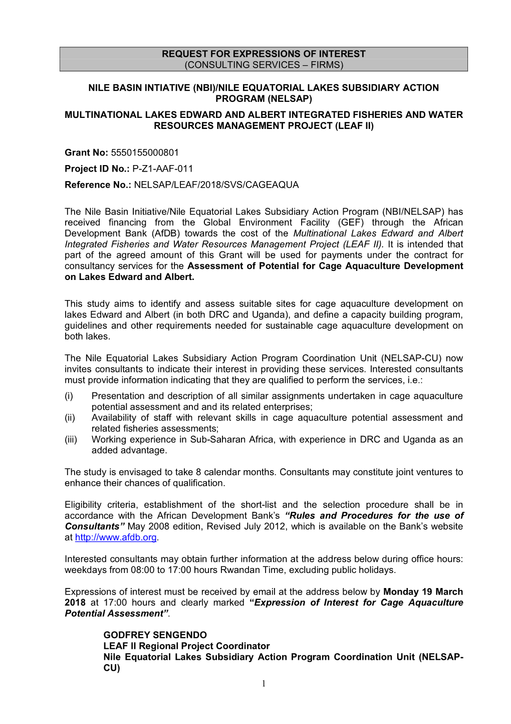 1 Request for Expressions of Interest (Consulting Services – Firms) Nile Basin Intiative (Nbi)/Nile Equatorial Lakes Subsidiar