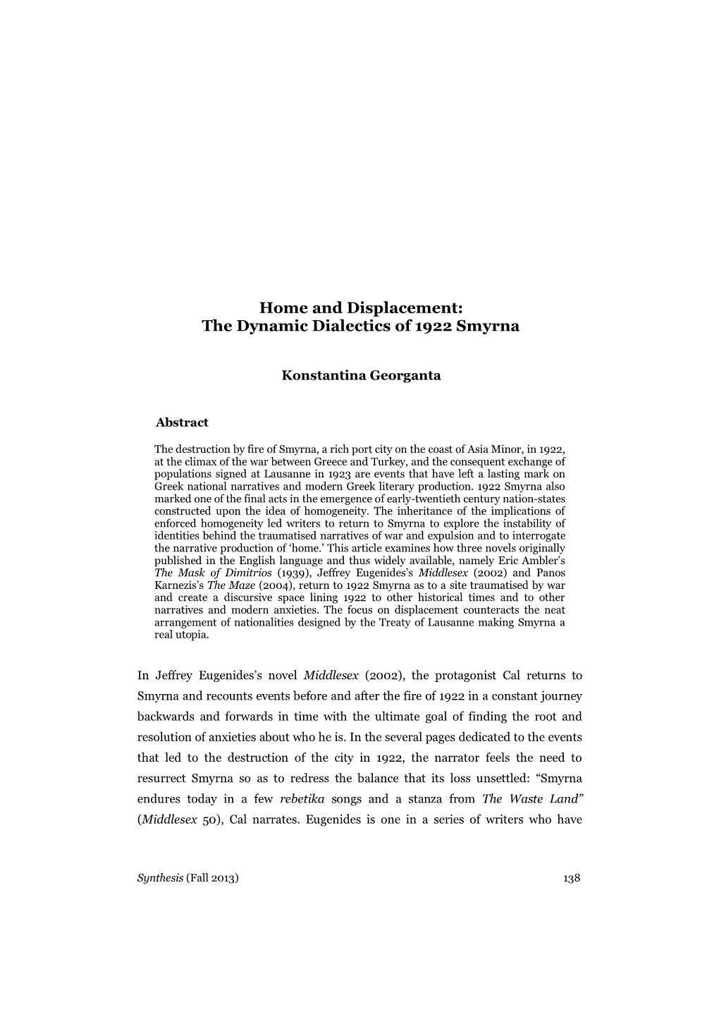 Home and Displacement: the Dynamic Dialectics of 1922 Smyrna