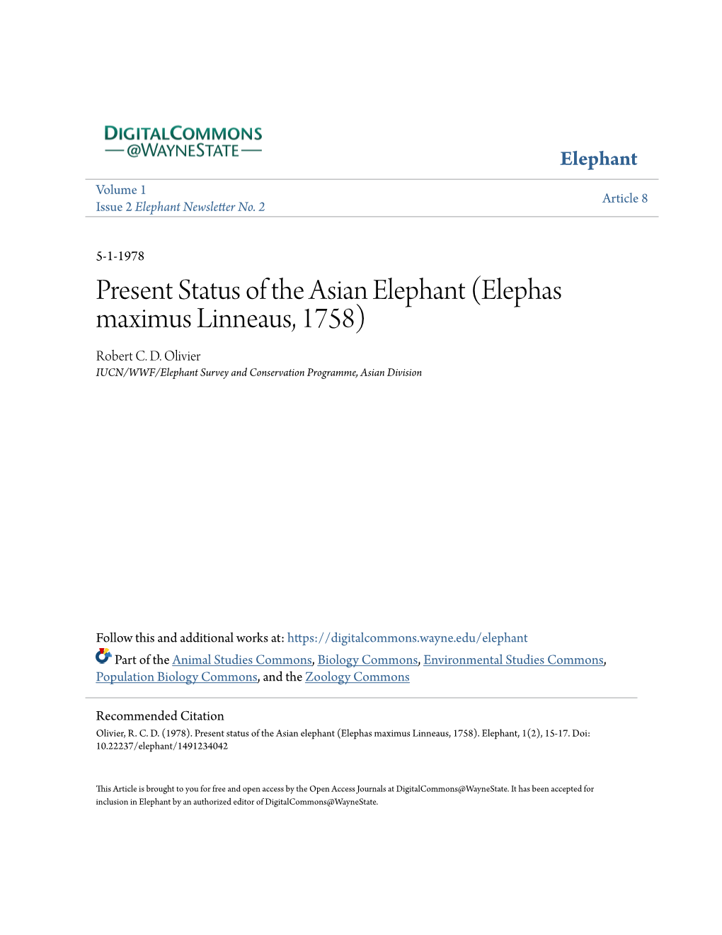 Present Status of the Asian Elephant (Elephas Maximus Linneaus, 1758) Robert C