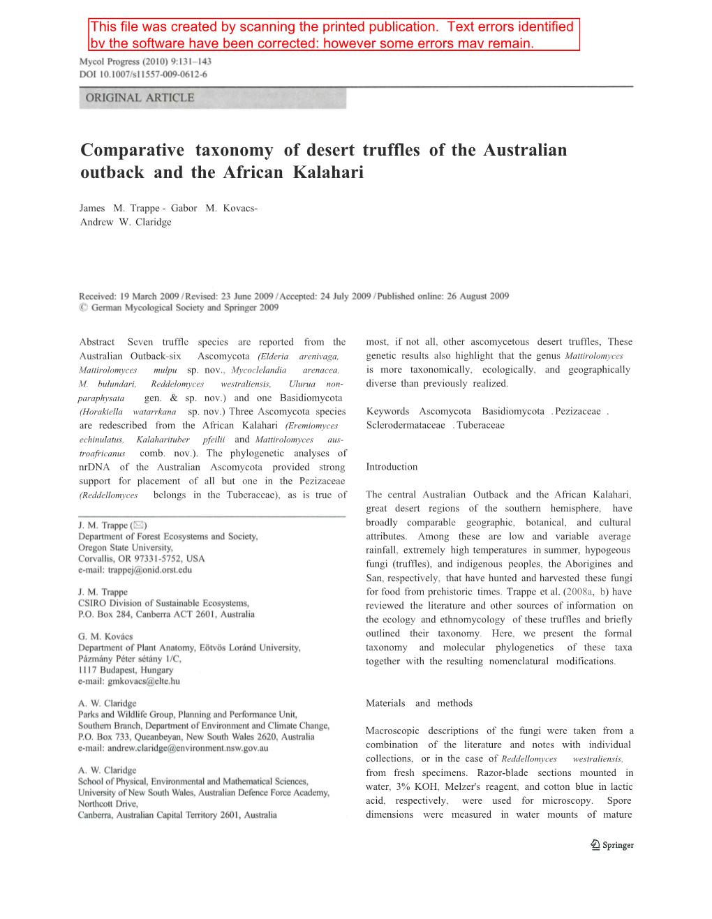 Comparative Taxonomy of Desert Truffles of the Australian Outback and the African Kalahari