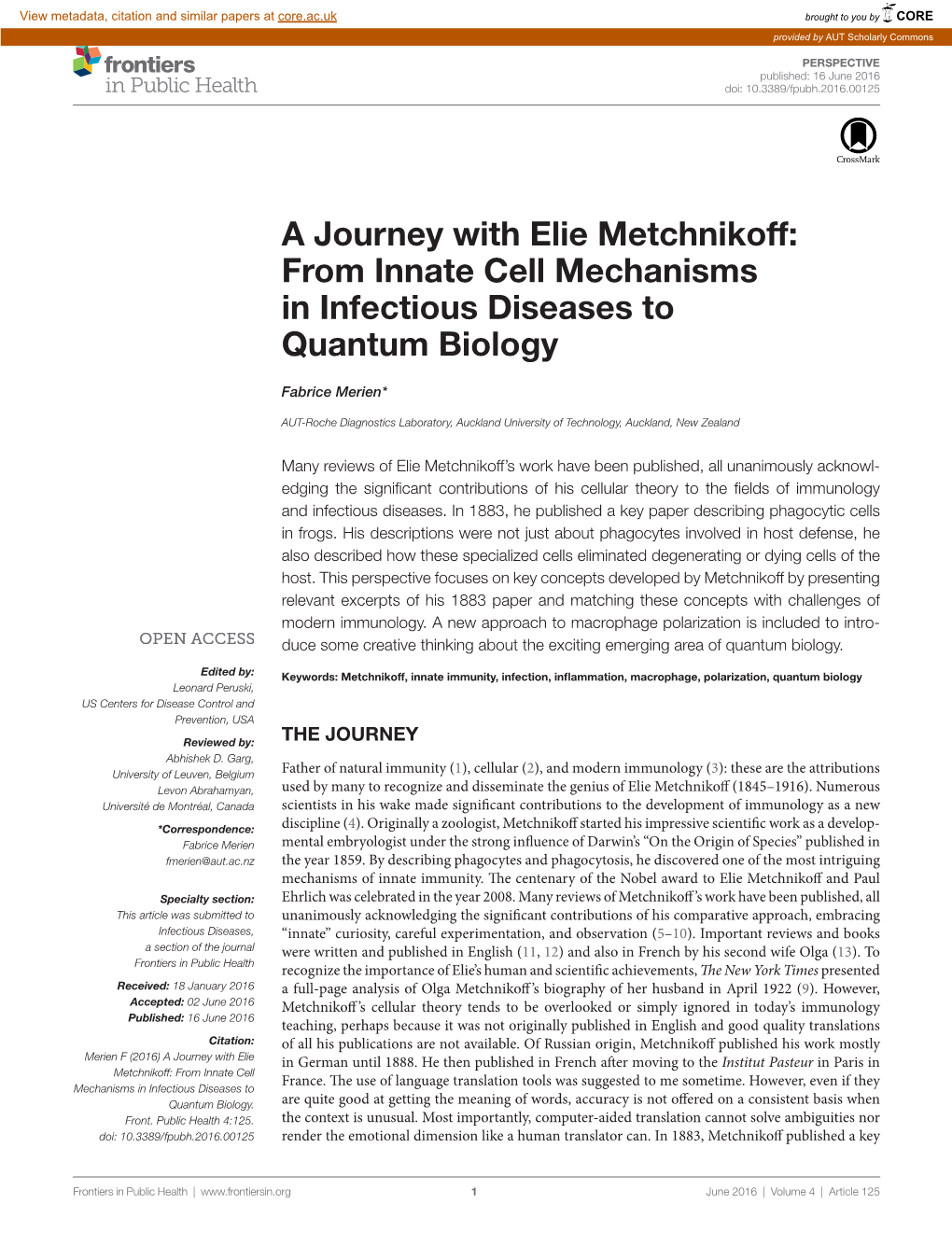 A Journey with Elie Metchnikoff: from Innate Cell Mechanisms in Infectious Diseases to Quantum Biology