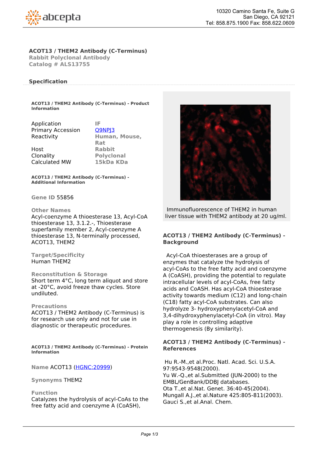 ACOT13 / THEM2 Antibody (C-Terminus) Rabbit Polyclonal Antibody Catalog # ALS13755