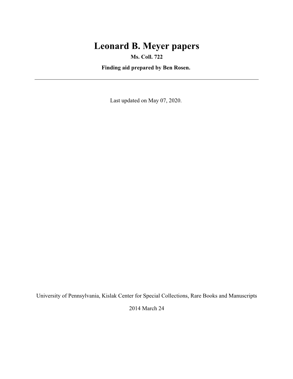 Leonard B. Meyer Papers Ms