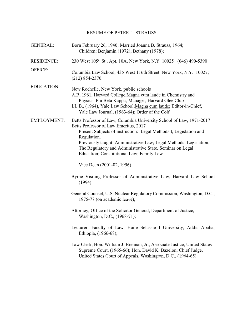 Resume of Peter L. Strauss