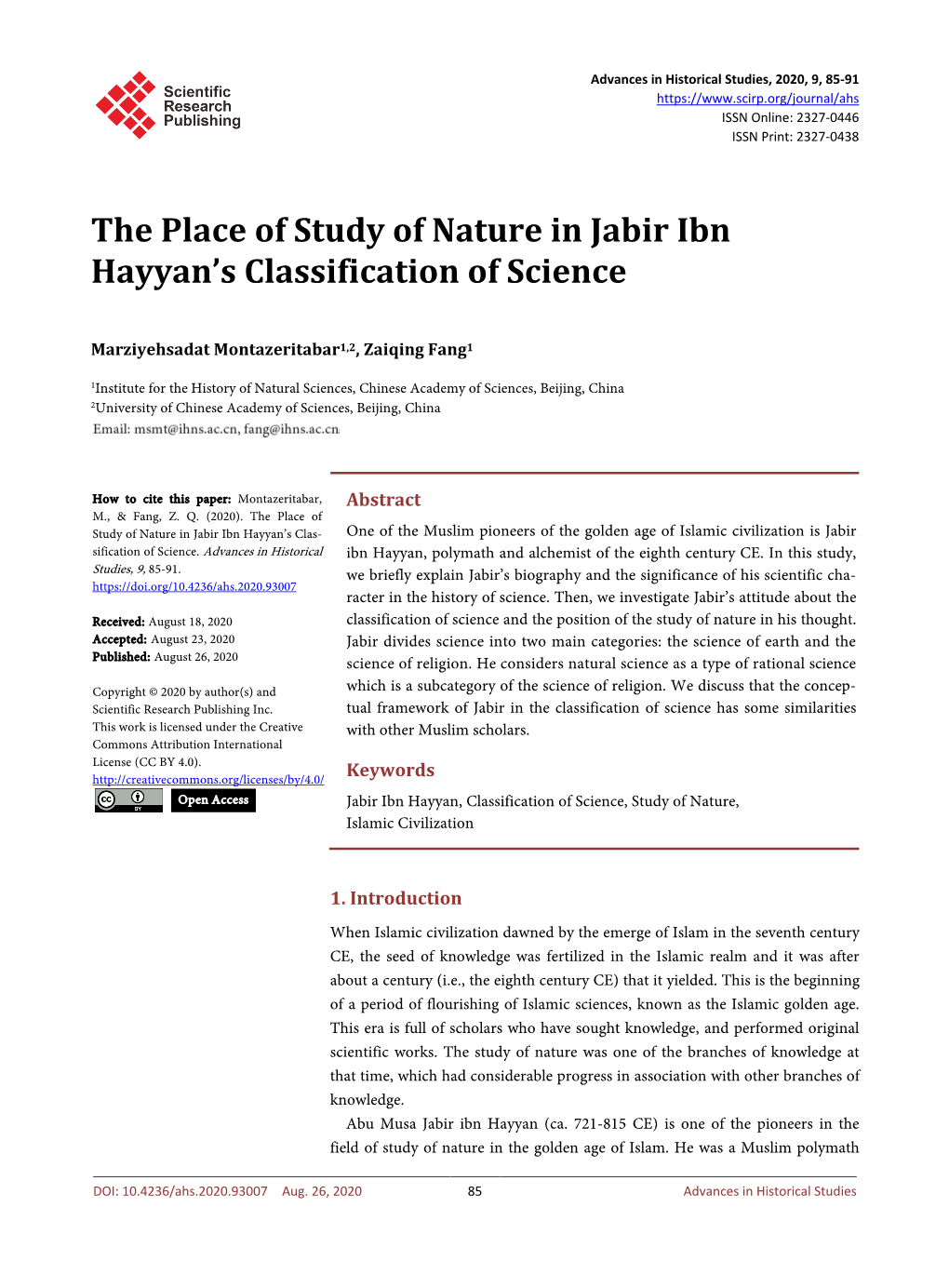 The Place of Study of Nature in Jabir Ibn Hayyan's Classification of Science