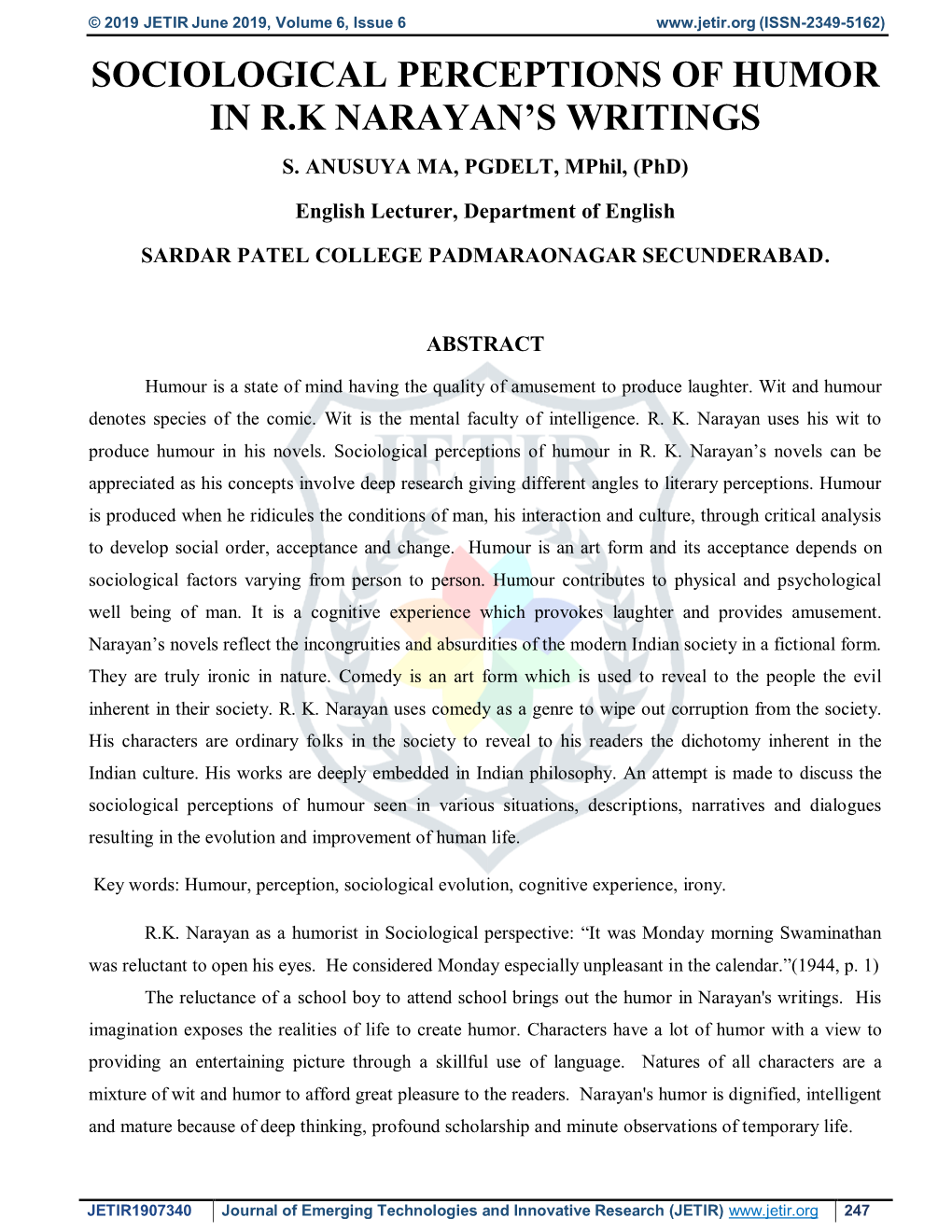 Sociological Perceptions of Humor in R.K Narayan's