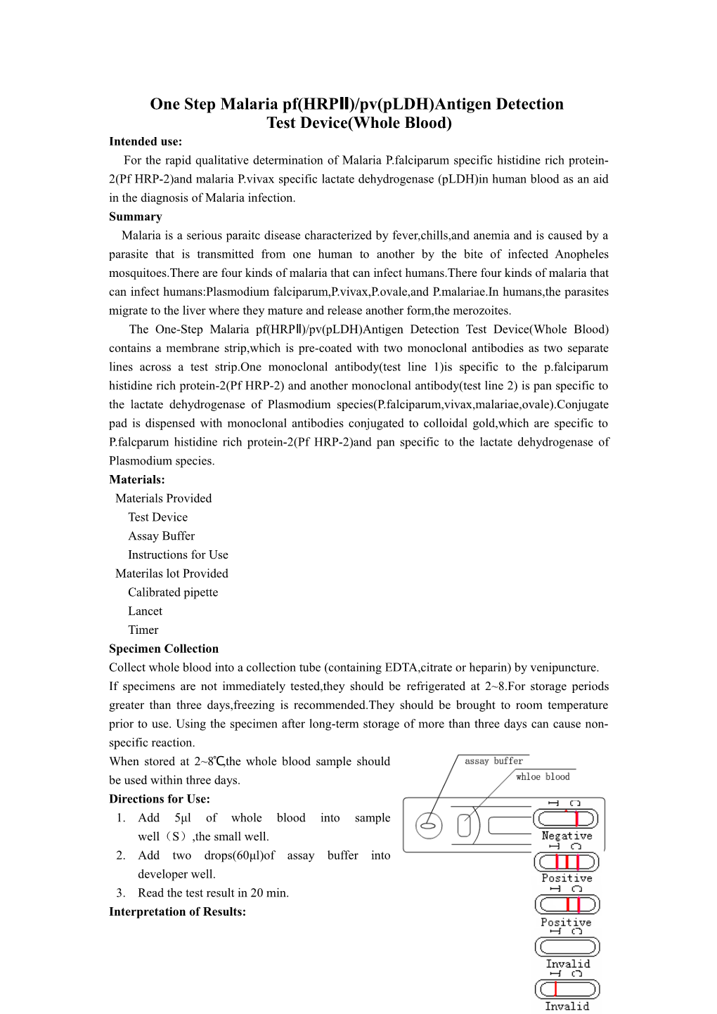 One Step Malaria Pf(HRP )/Pv(Pldh)Antigen Detection