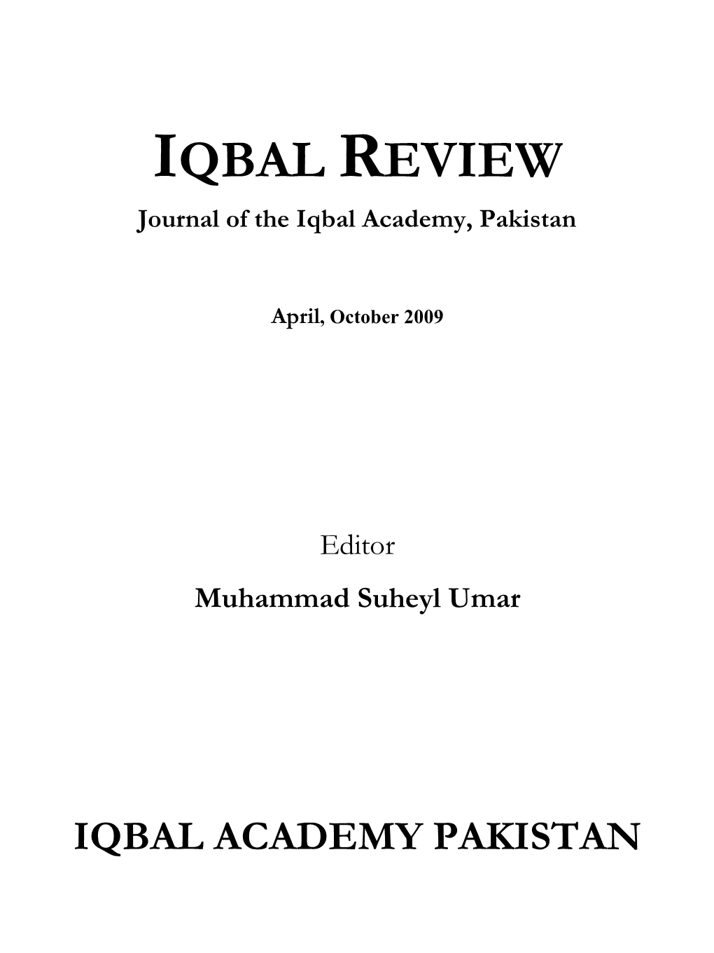 IQBAL REVIEW Journal of the Iqbal Academy, Pakistan