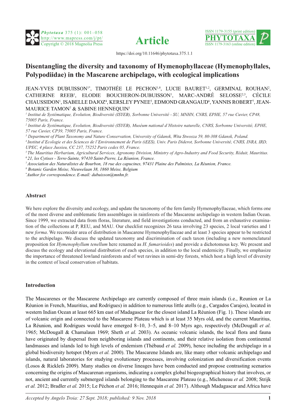 Disentangling the Diversity and Taxonomy of Hymenophyllaceae (Hymenophyllales, Polypodiidae) in the Mascarene Archipelago, with Ecological Implications