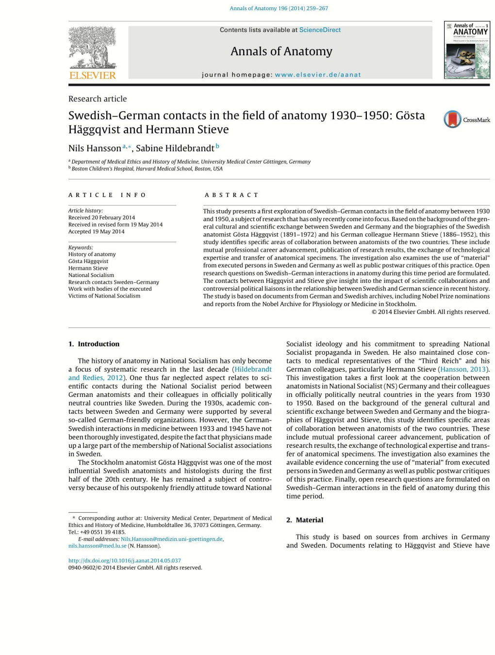 Swedish-German Contacts in the Field of Anatomy 1930-1950