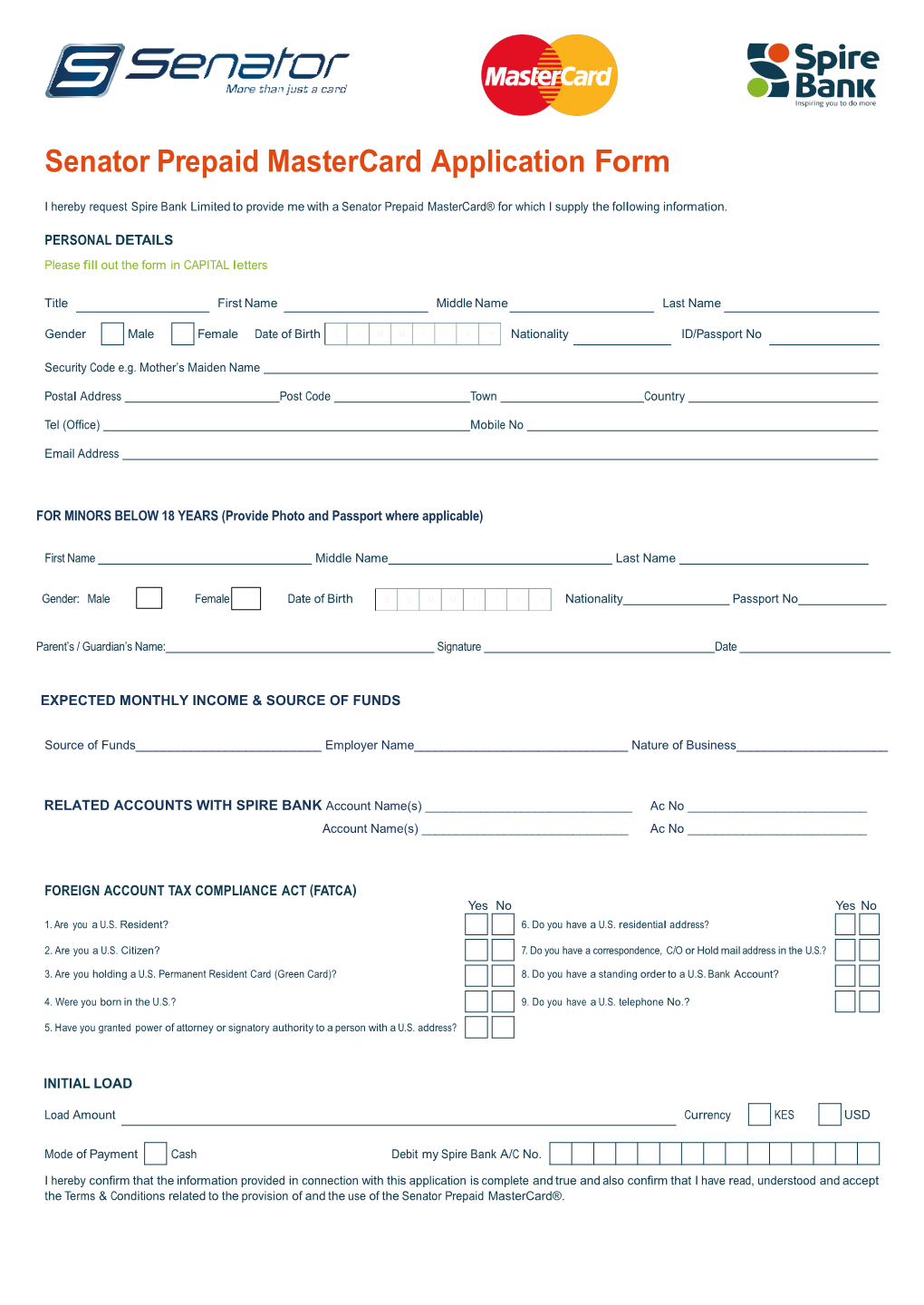 Senator Prepaid Mastercard Application Form