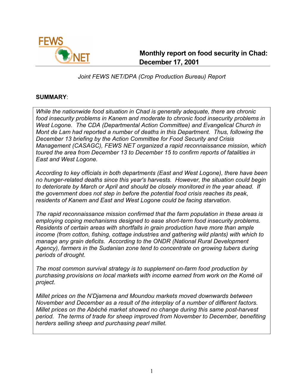 Monthly Report on Food Security in Chad: December 17, 2001