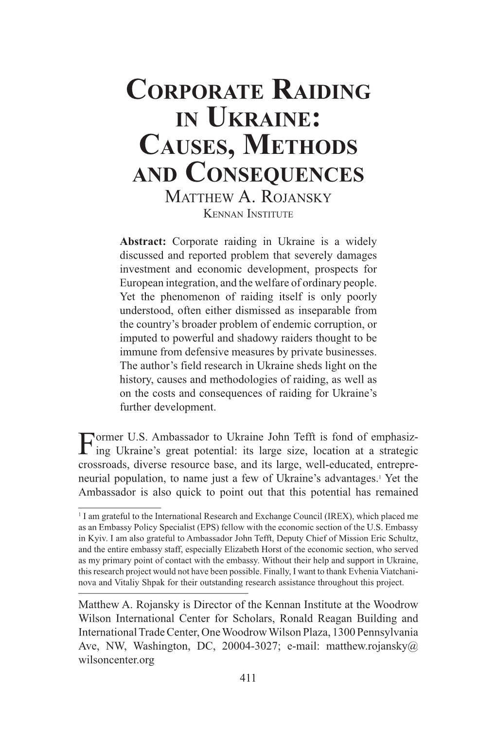 Corporate Raiding in Ukraine: Causes, Methods and Consequences Matthew A