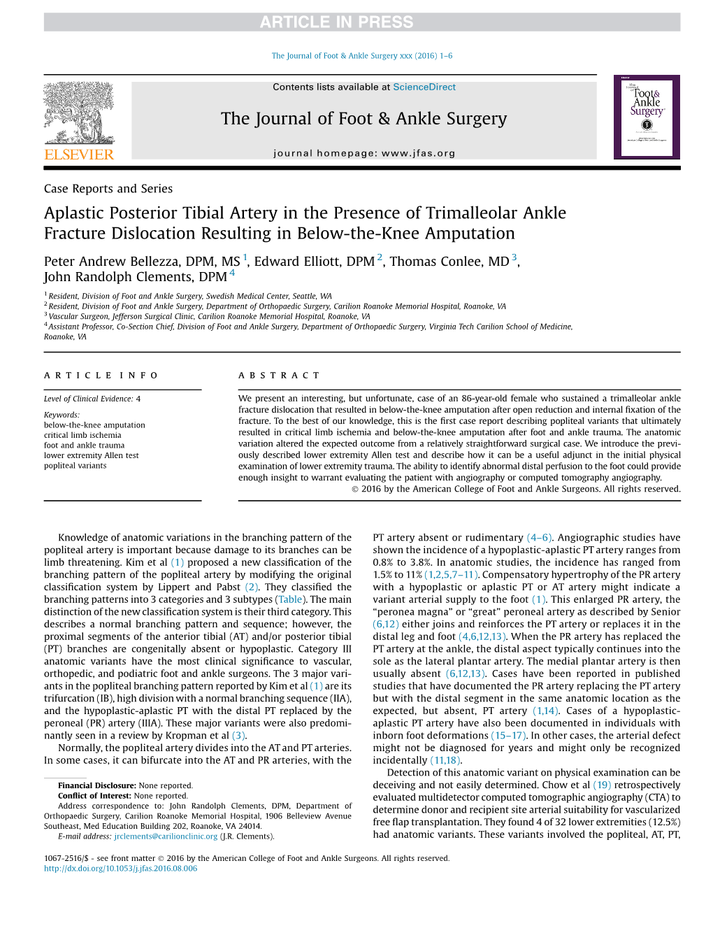 Aplastic Posterior Tibial Artery in the Presence of Trimalleolar Ankle Fracture Dislocation Resulting in Below-The-Knee Amputation