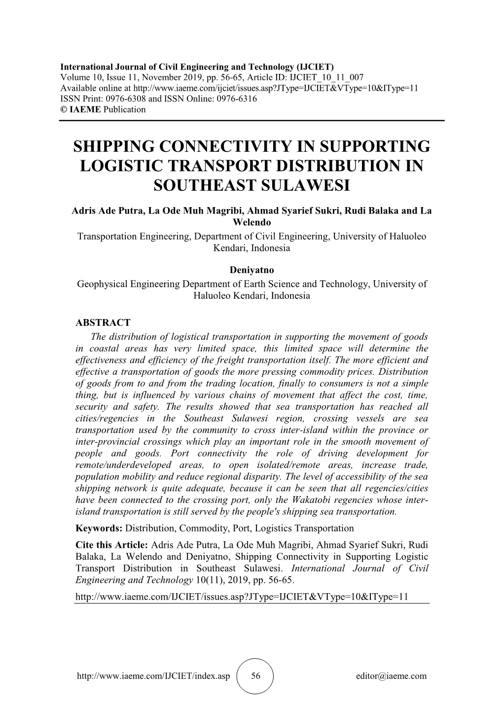 Shipping Connectivity in Supporting Logistic Transport Distribution in Southeast Sulawesi