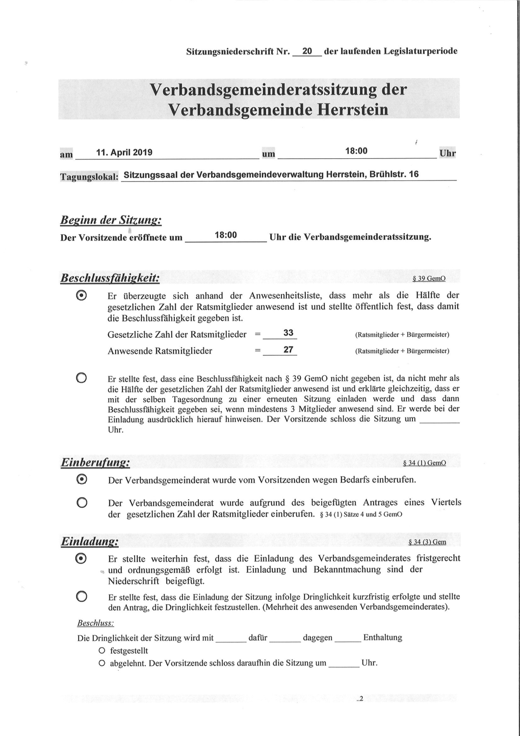 Verbandsgemeinderatssitzung Der Verbandsgemeinde Herrstein Am 11