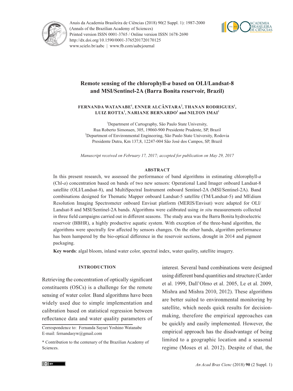 Remote Sensing of the Chlorophyll-A Based on OLI/Landsat-8 and MSI/Sentinel-2A (Barra Bonita Reservoir, Brazil)