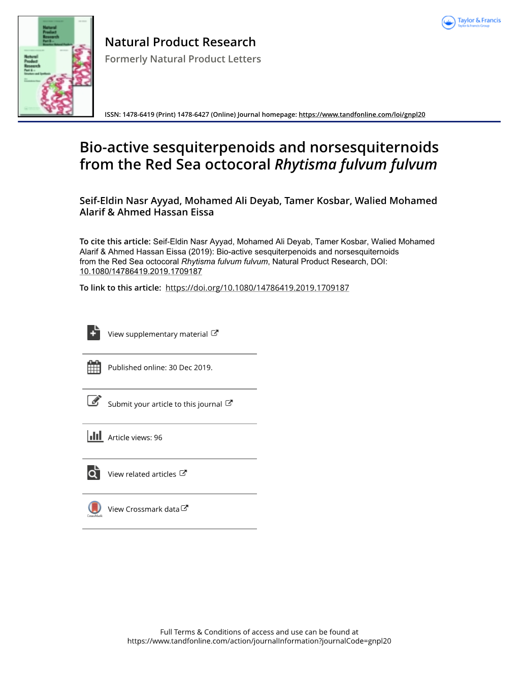 Bio-Active Sesquiterpenoids and Norsesquiternoids from the Red Sea Octocoral Rhytisma Fulvum Fulvum